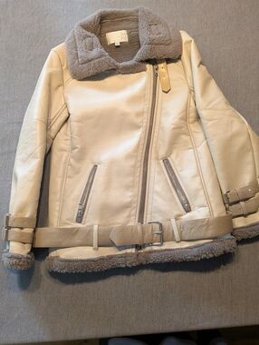 J.O.A. Los Angeles XSCream Faux-Leather Teddy Moto Jacket w/Taupe Shearling Trim